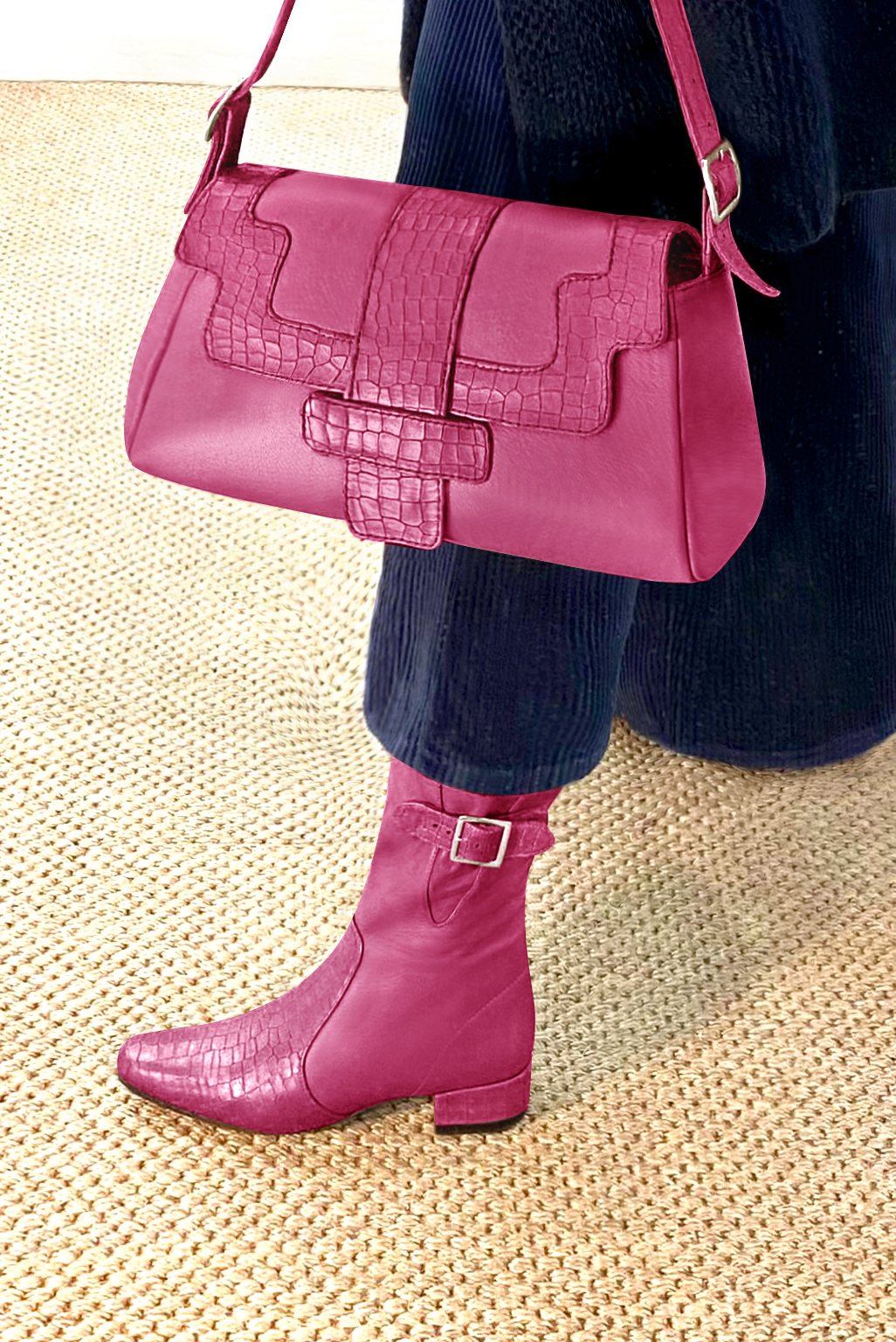 Fuschia pink women's ankle boots with buckles on the sides. Round toe. Low block heels. Top view - Florence KOOIJMAN